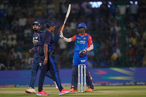 Abishek Porel plays celebrates his fifty runs